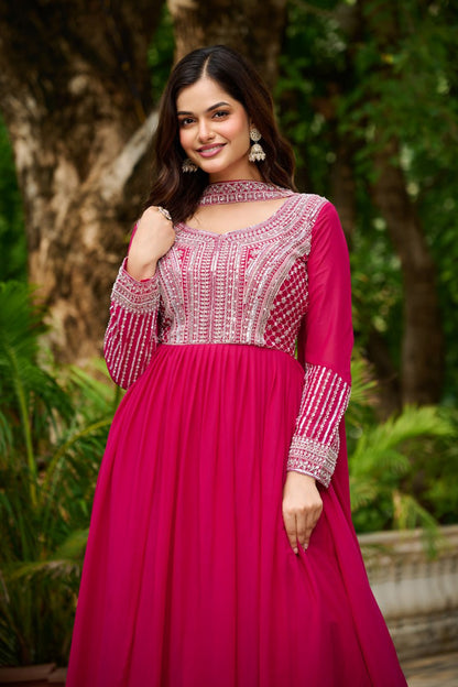 Pink Color Embroidery Beads Sequins Work Designer Gown