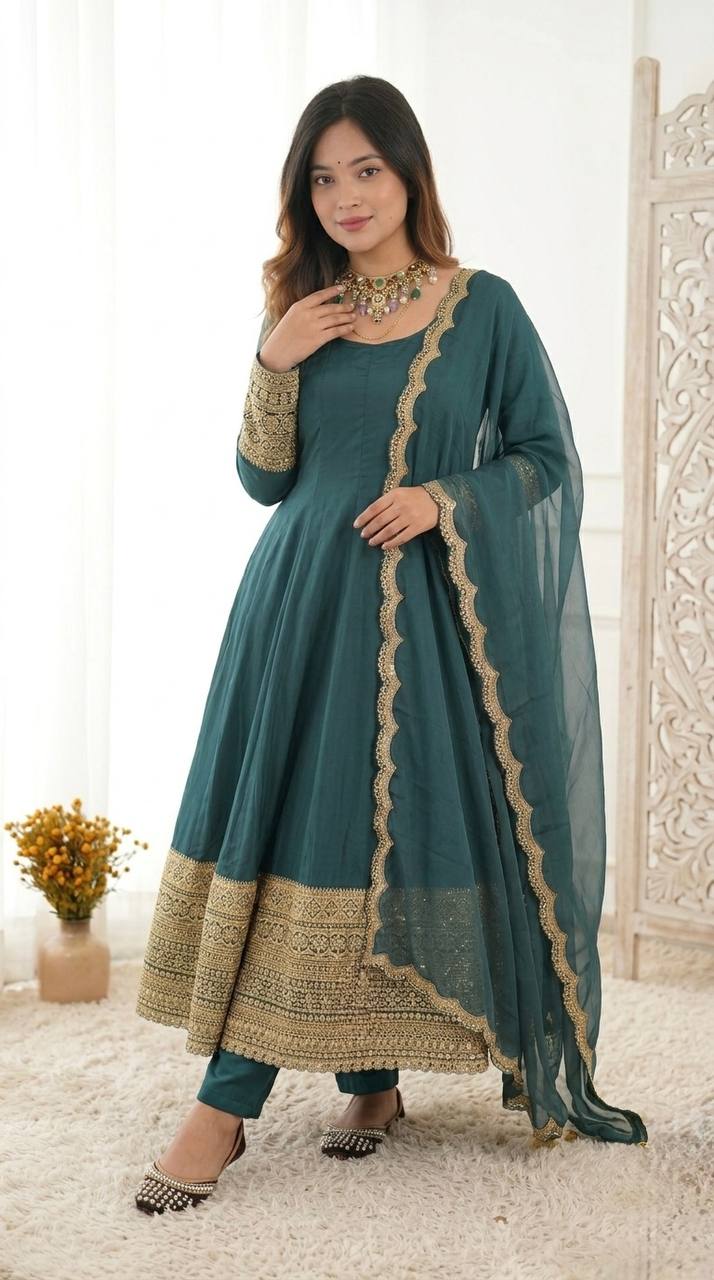 Arti Chauhan Wear Teal Green Color Sequence Cording Embroidered Anarkali Suit