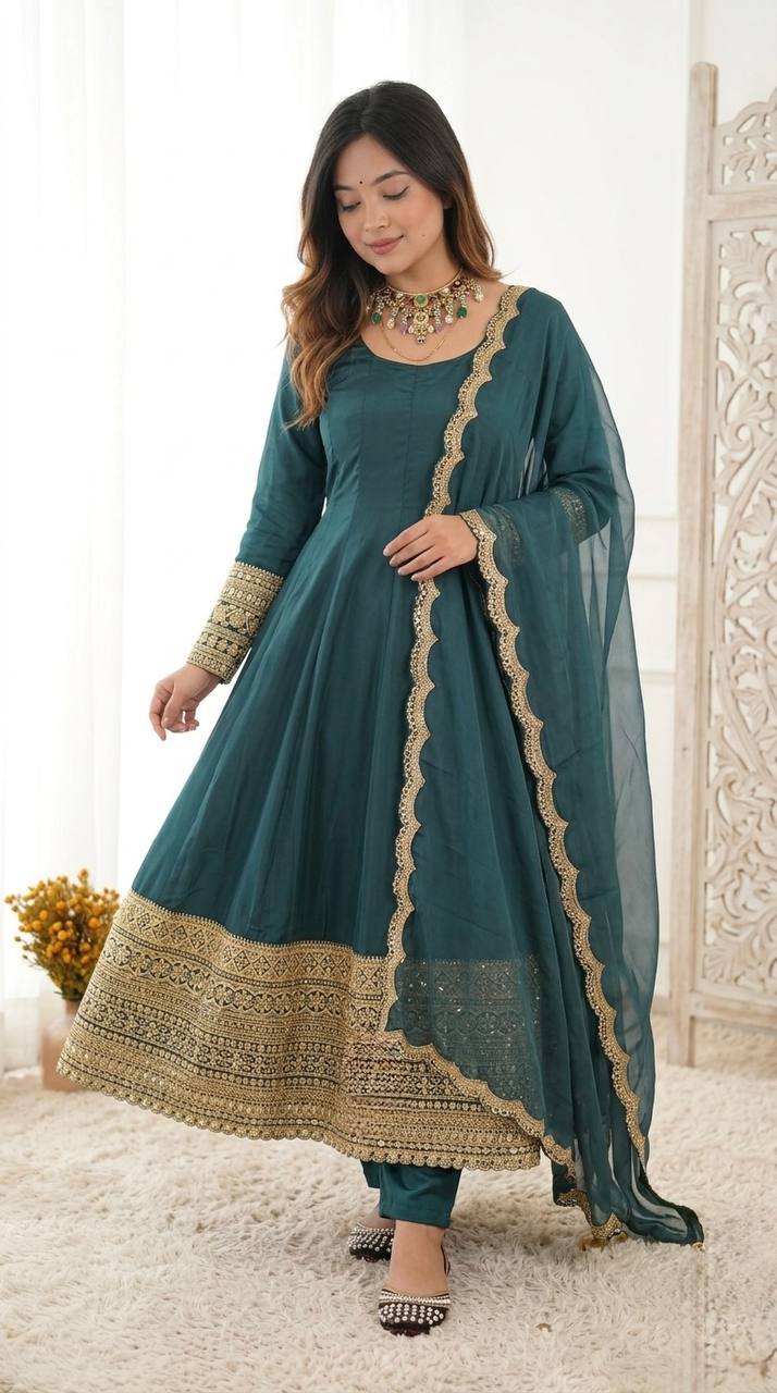Arti Chauhan Wear Teal Green Color Sequence Cording Embroidered Anarkali Suit