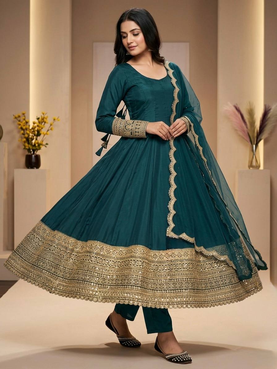 Arti Chauhan Wear Teal Green Color Sequence Cording Embroidered Anarkali Suit