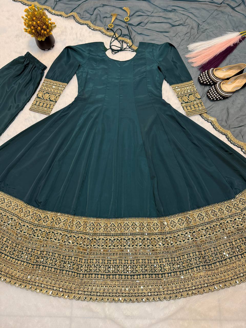 Arti Chauhan Wear Teal Green Color Sequence Cording Embroidered Anarkali Suit