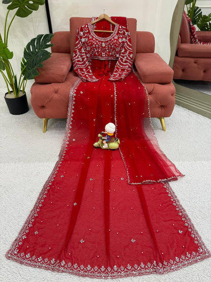 Pearl Work Red Color Attractive Net Saree
