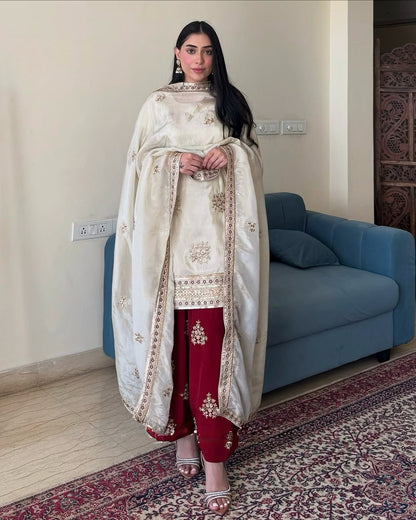 Flattering White & Red Color Chinnon Silk Palazzo Suit