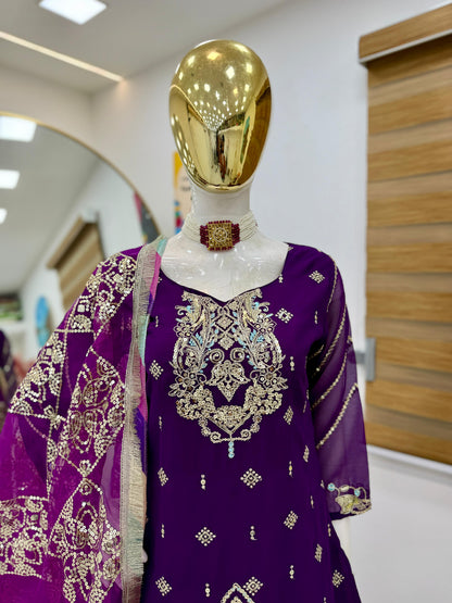 Captivating Embroidery Work Purple Color Palazzo Suit