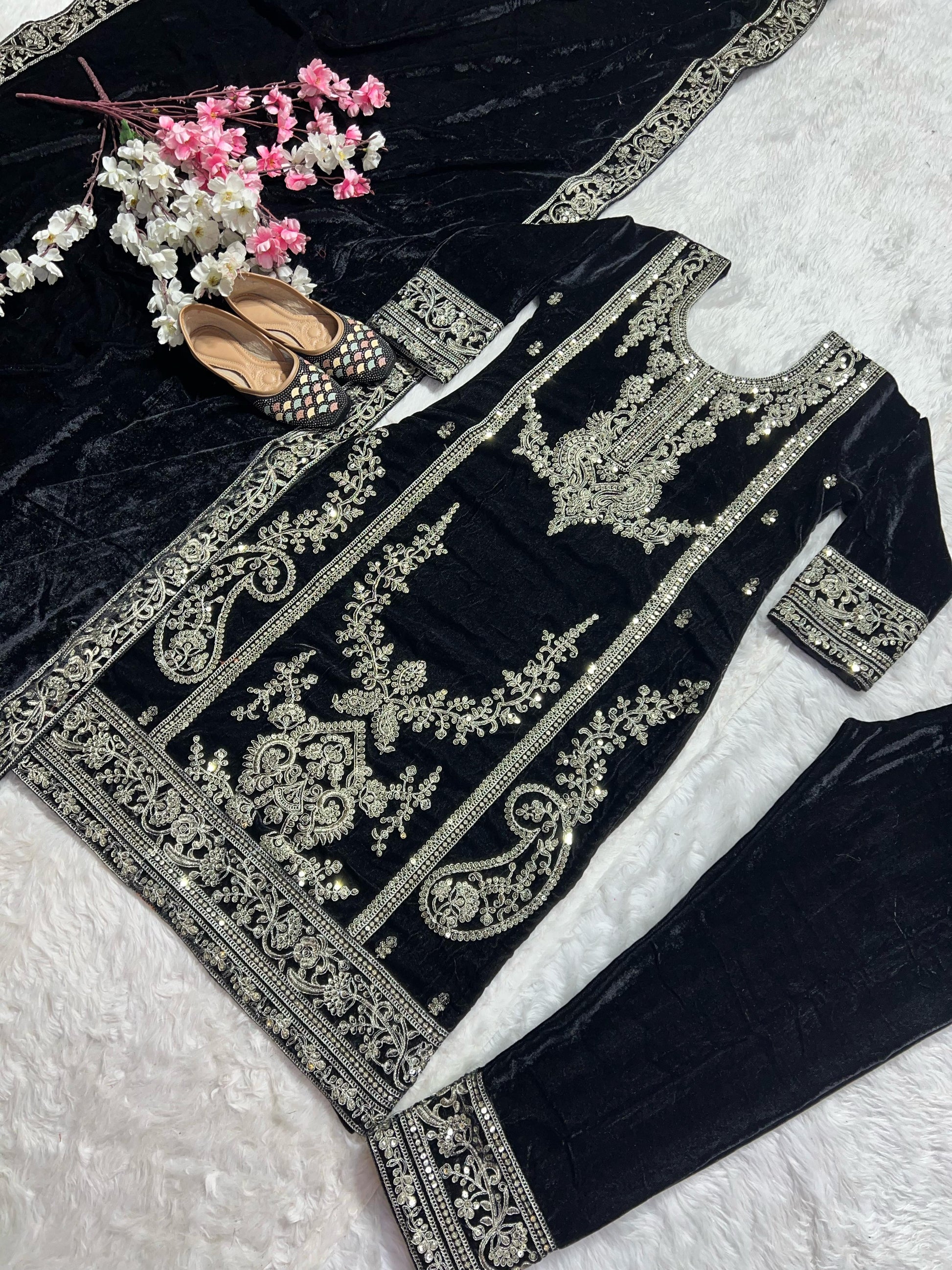Exotic Viscous Embroidery Work Velvet Black Color Salwar Suit