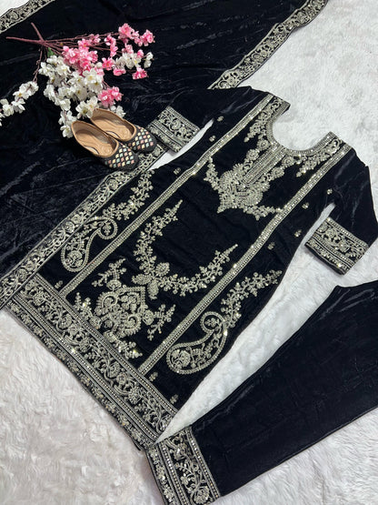 Exotic Viscous Embroidery Work Velvet Black Color Salwar Suit