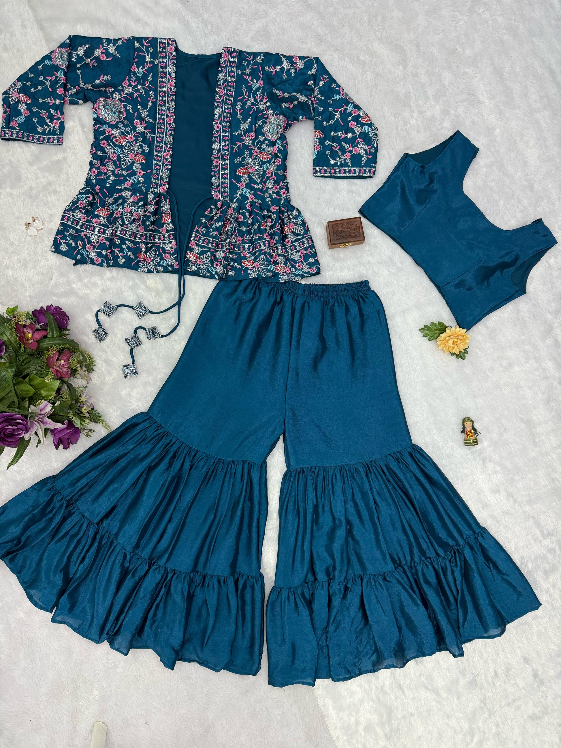 Delightful Chinon Silk Teal Blue Color Sharara Suit