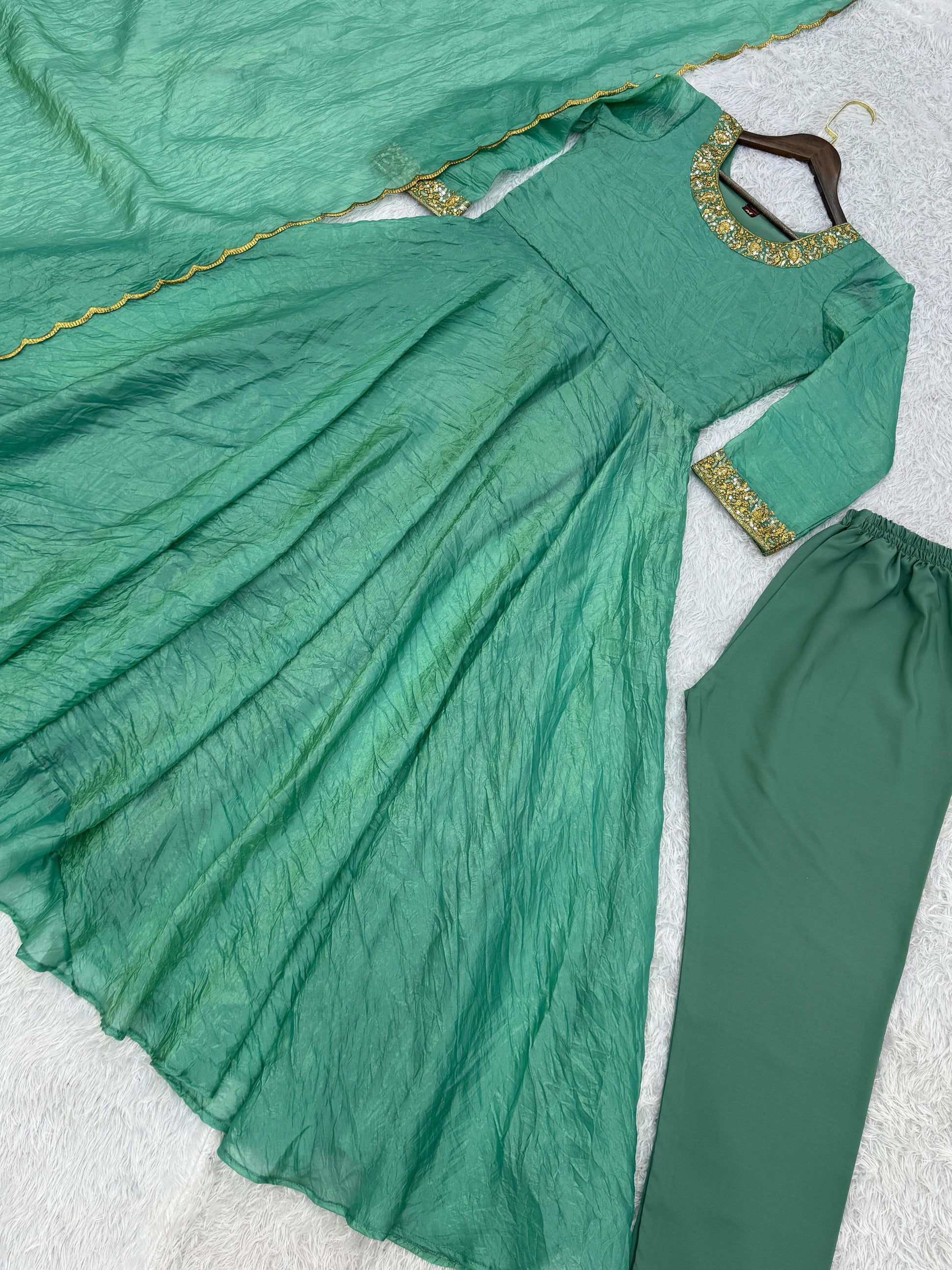 Delightful Embroidery Teal Blue Color Anarkali Gown with Dupatta