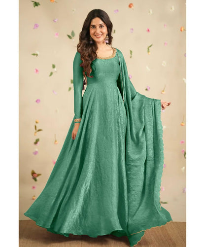 Delightful Embroidery Teal Blue Color Anarkali Gown with Dupatta