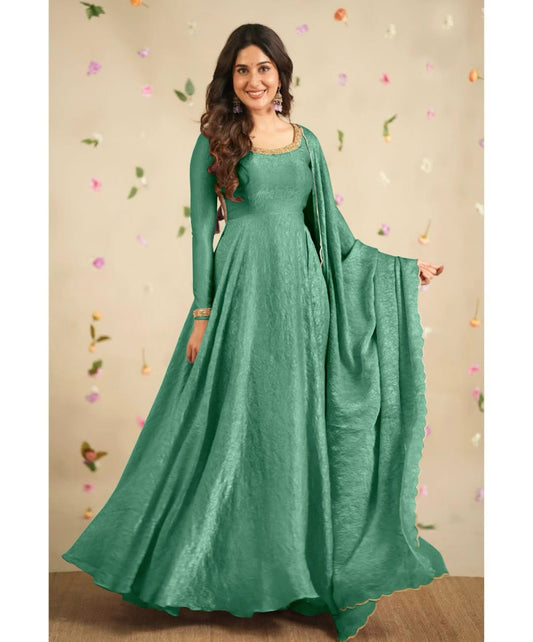 Delightful Embroidery Teal Blue Color Anarkali Gown with Dupatta