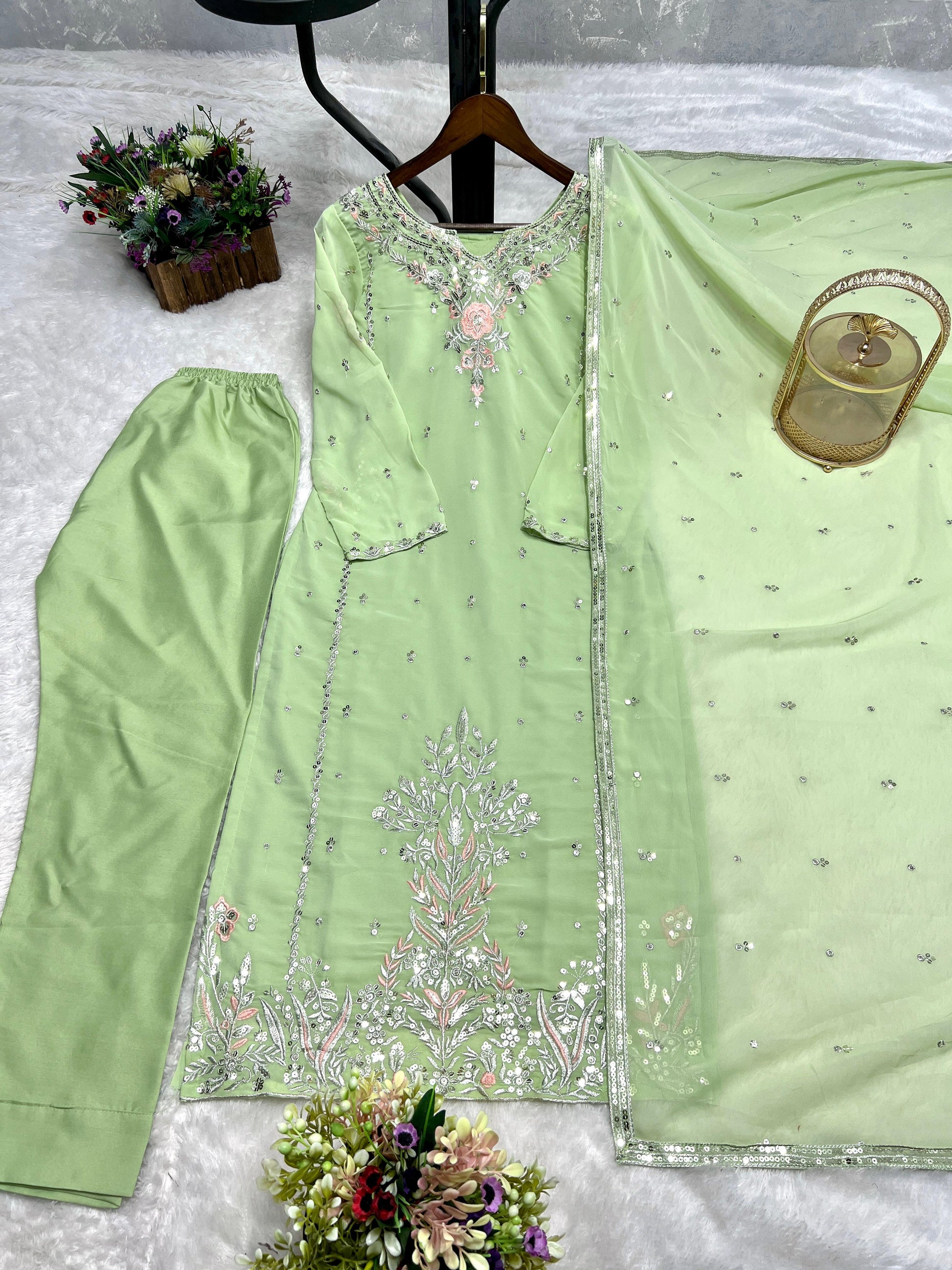 Captivating Pista Color Sequence Work Salwar Suit