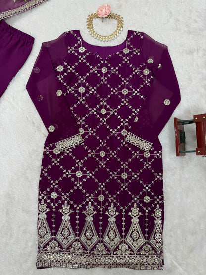 Adorable Georgette Thred Work Wine Color Sharara Suit