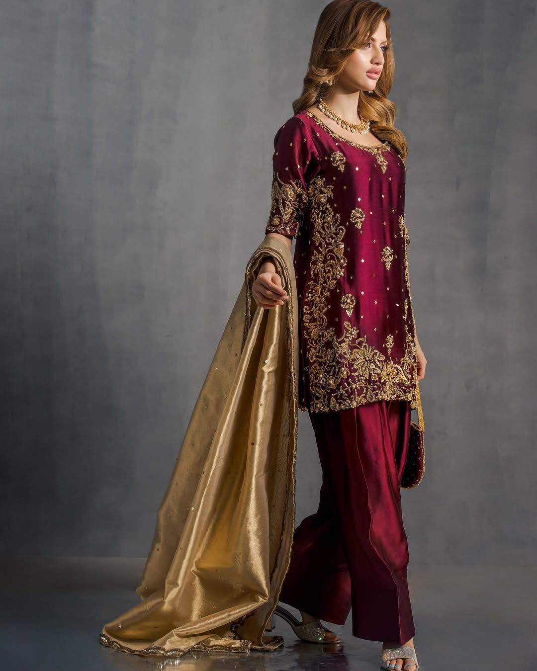 Glorious Maroon Satin Sequence Work Sharara Suit