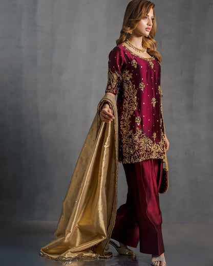 Glorious Maroon Satin Sequence Work Sharara Suit