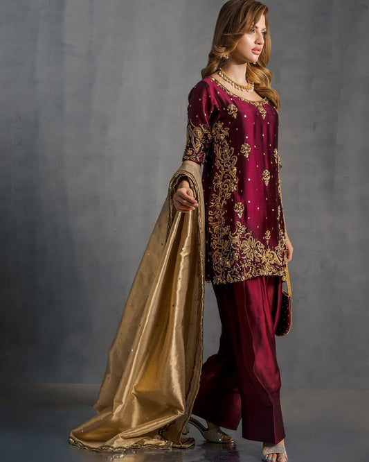 Glorious Maroon Satin Sequence Work Sharara Suit