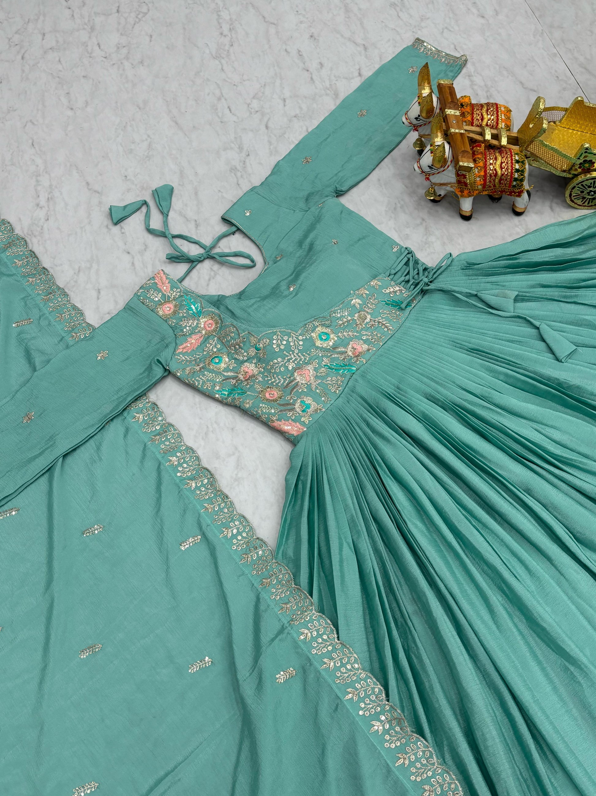 Shining Chinon Silk Sky Blue Color Gown