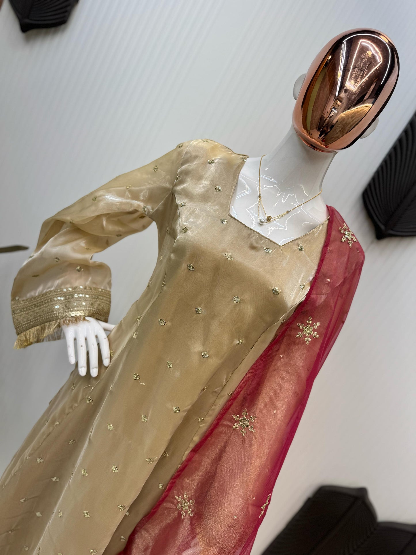 Delightful Embroidery Work Beige Color Salwar Suit With Red Dupatta