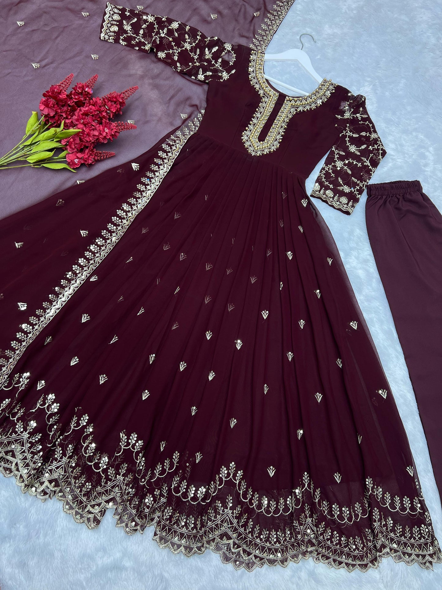 Peaceful Georgette Moti Work Wine Color Gown