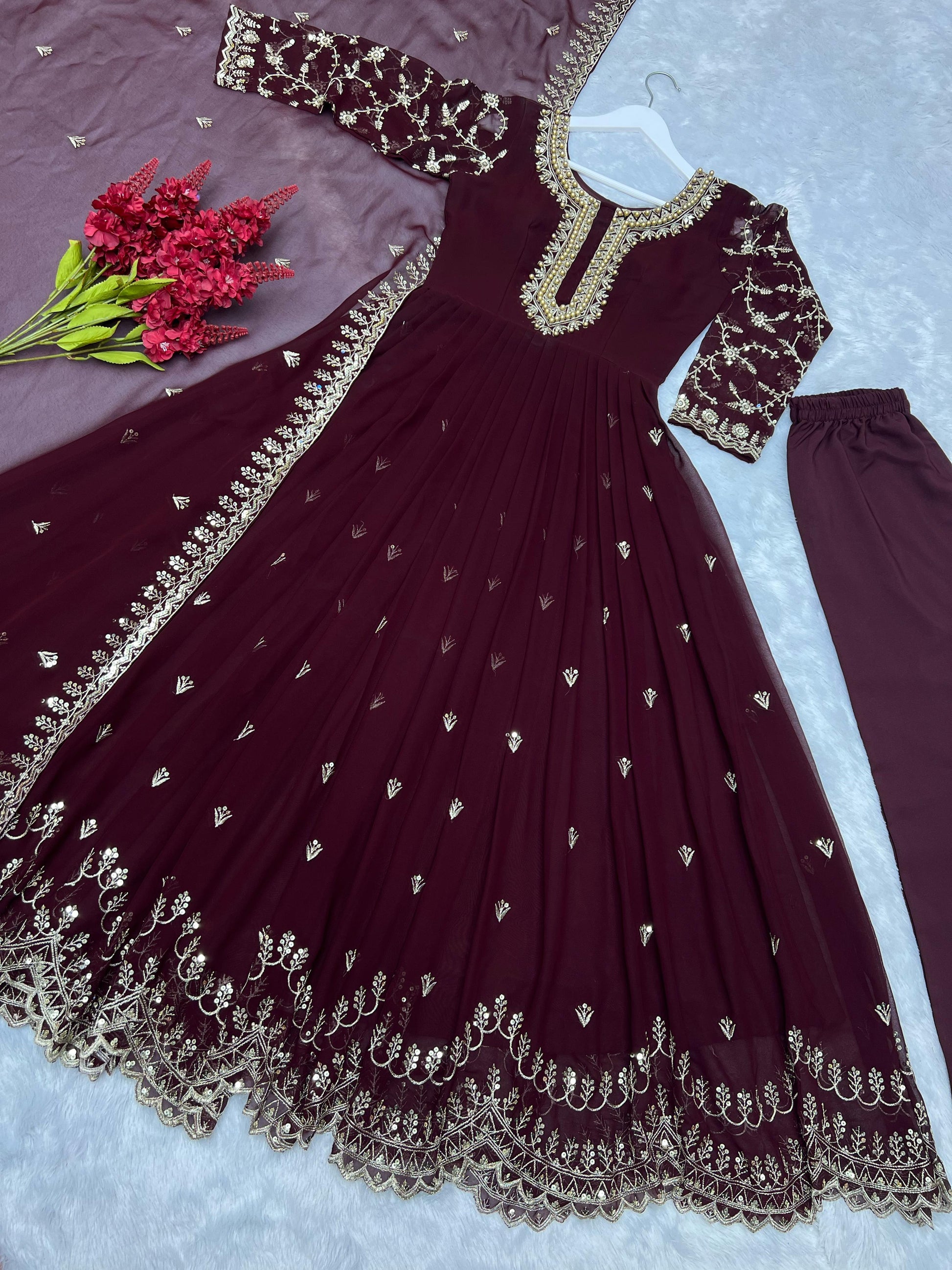 Peaceful Georgette Moti Work Wine Color Gown