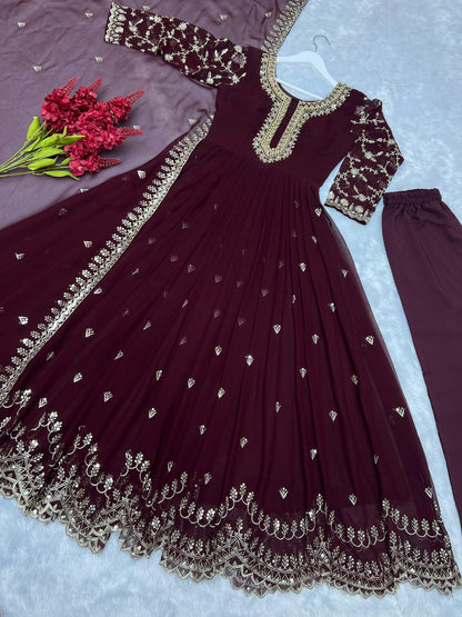 Peaceful Georgette Moti Work Wine Color Gown