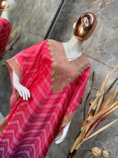 Preferable Chinon Embroidered Work Pink Multi Color Kaftani Dress