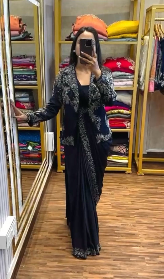 Designer Black Color Embroidery Work Saree With Koti
