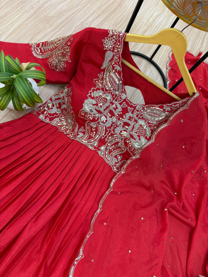 Fantastic Embroidery Work Red Color Gown