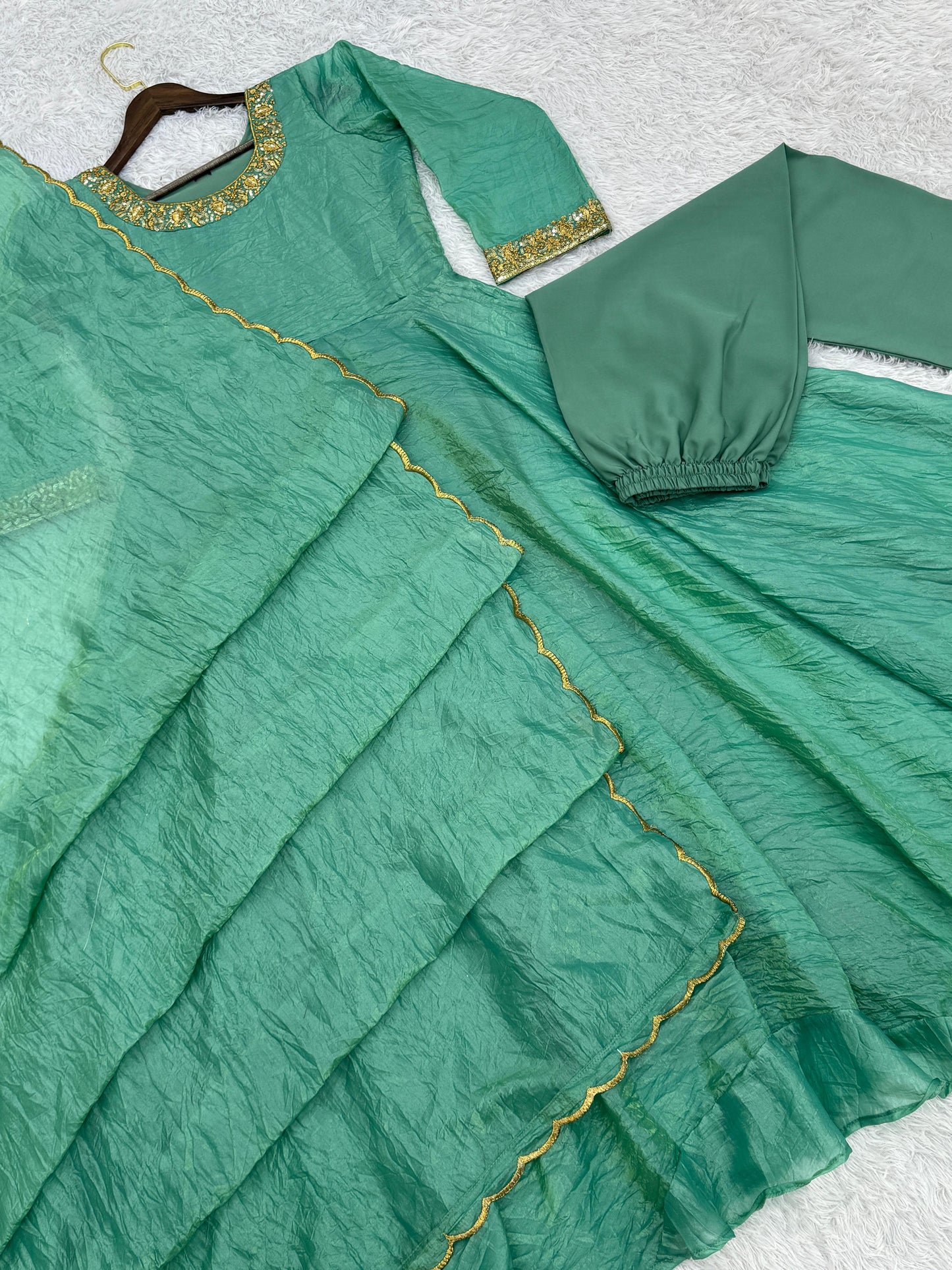 Delightful Embroidery Teal Blue Color Anarkali Gown with Dupatta