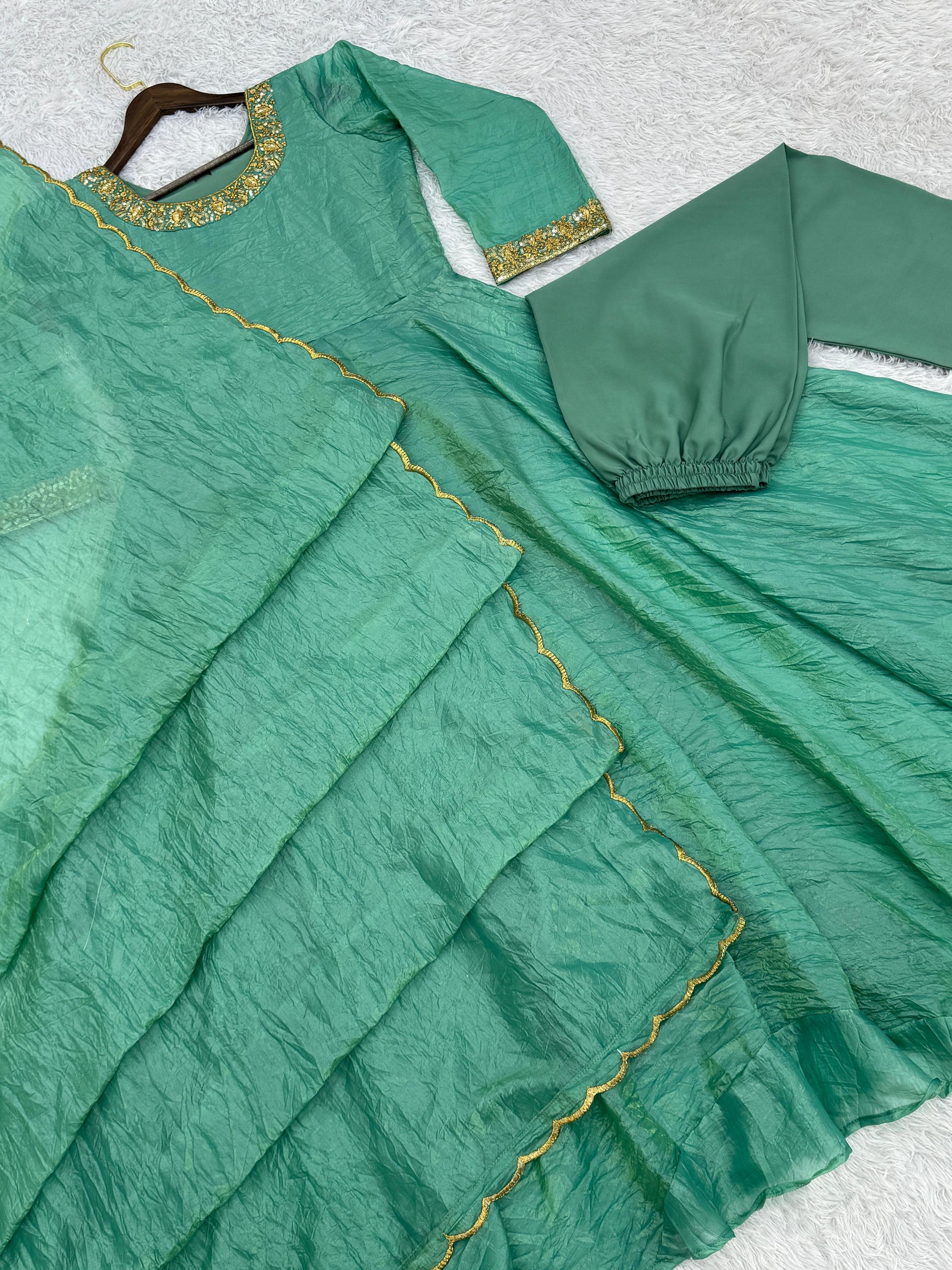Delightful Embroidery Teal Blue Color Anarkali Gown with Dupatta