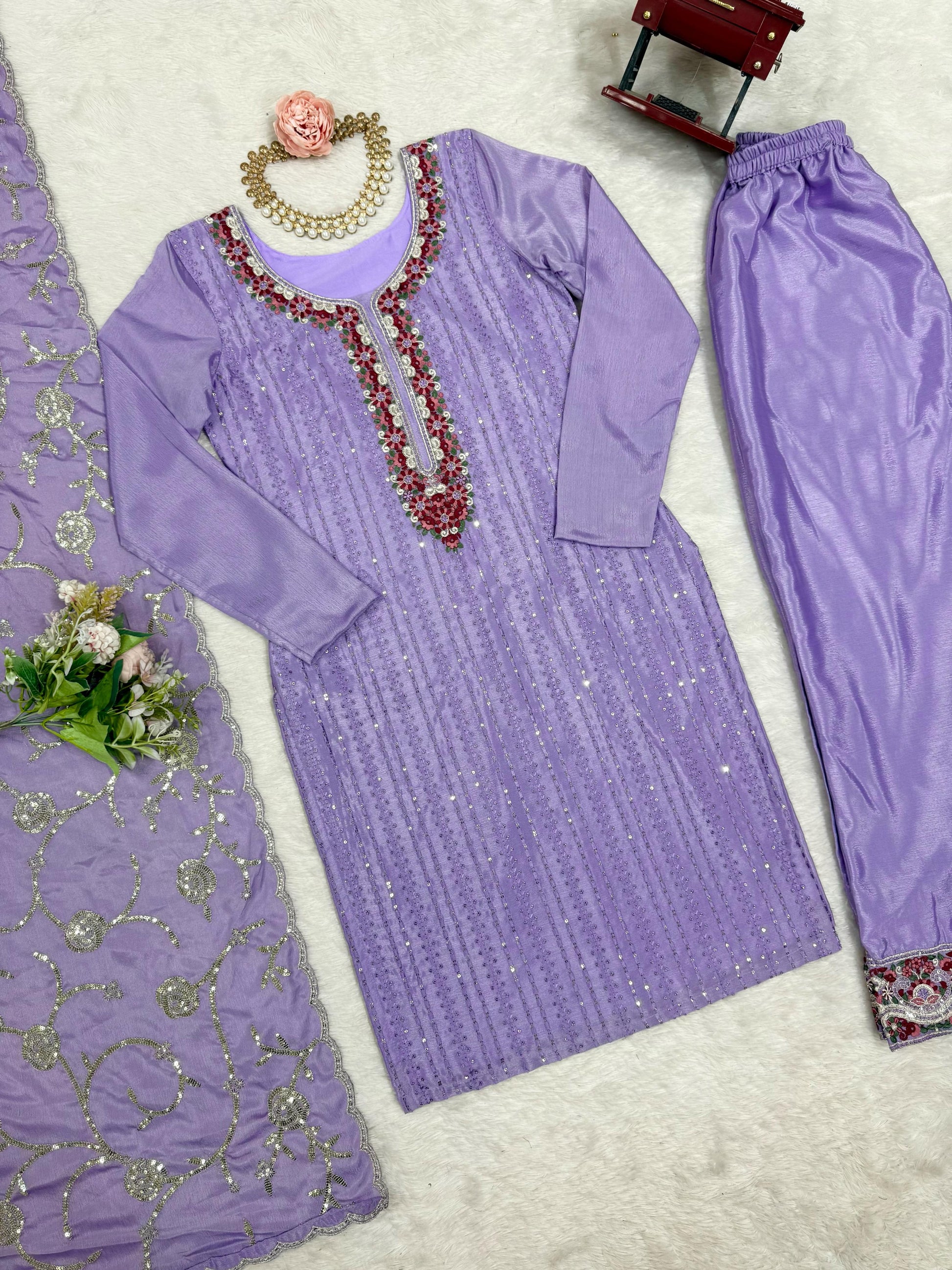 Elegant Chinon Silk Lavender Color Salwar Suit