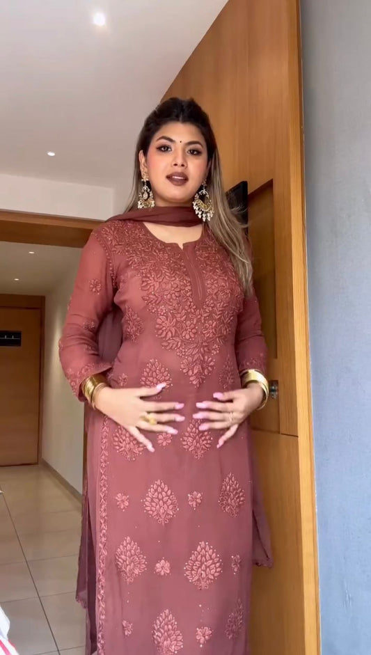 Alluring Pink Color Embroidery Work Palazzo Suit