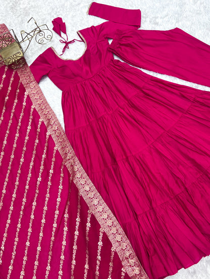 Elegant Pink Color Pure Roman Silk Chanderi Fabric Fully Flair Anarkali Gown With Dupatta