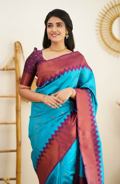 Sky Blue Color Coper Jari Design Jacquard Border Silk Saree