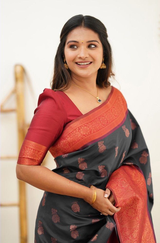 Lovely Black Color Coper Jari Work Silk Saree
