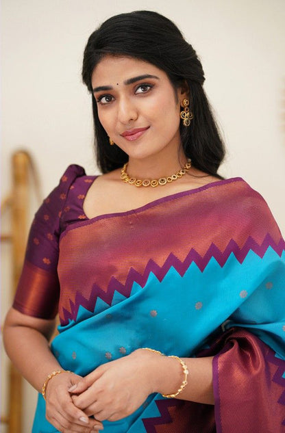 Sky Blue Color Coper Jari Design Jacquard Border Silk Saree