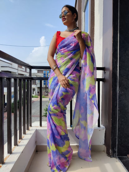 Shibori Print Lavender Color Sequins Work Ready To Wear Saree