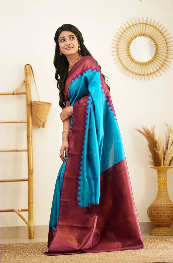 Sky Blue Color Coper Jari Design Jacquard Border Silk Saree