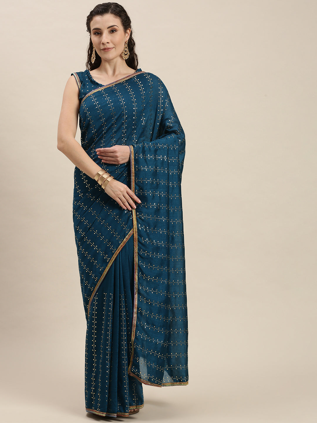 Exclusive Teal Blue Beads and Stones Work Saree