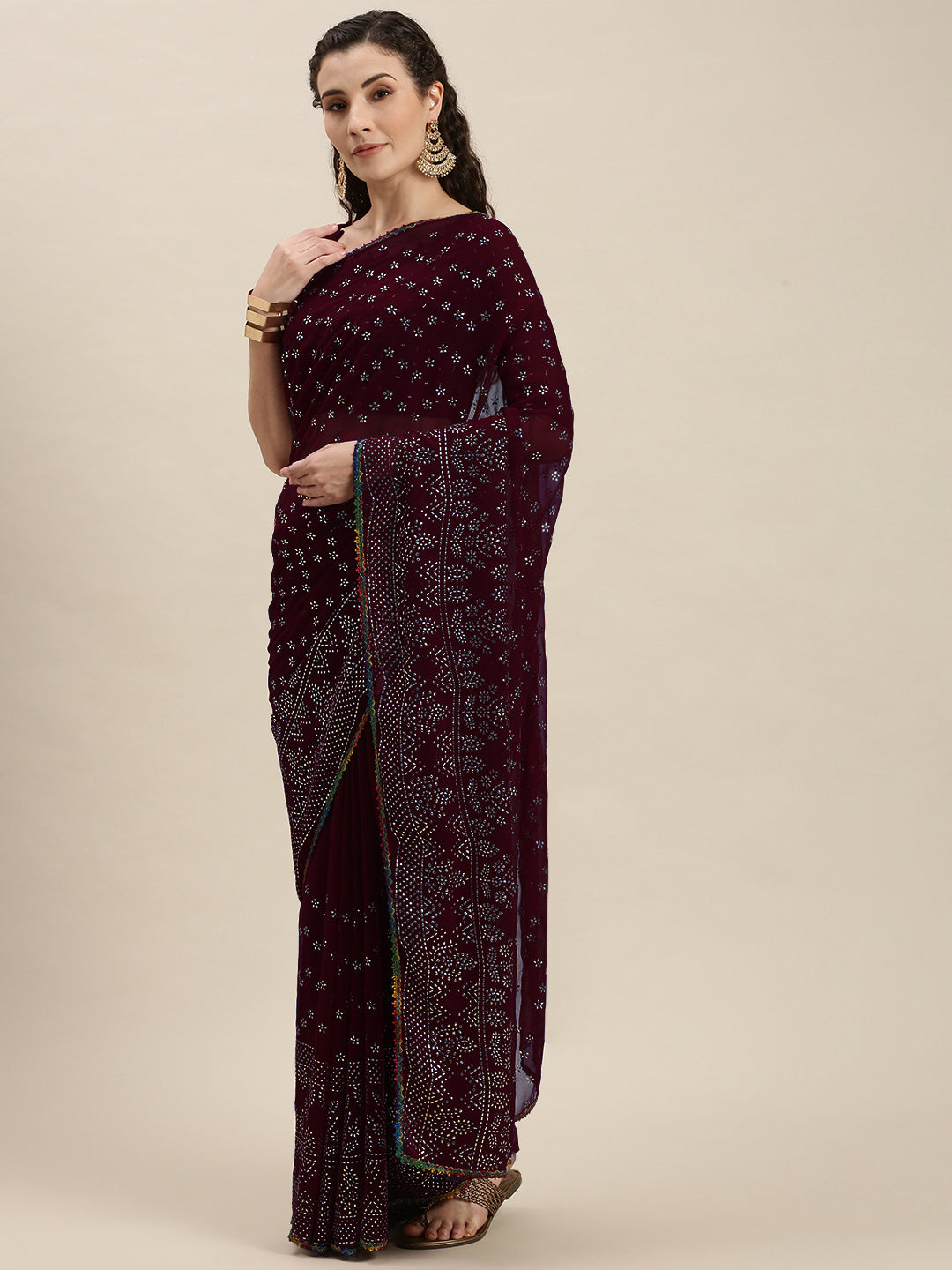Purple Color Silver-Toned Embroidered Saree