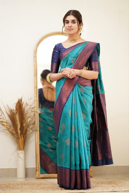 Designer Sky Blue Color Coper Jari Design Soft Silk Saree