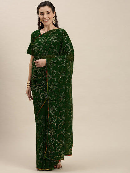Fancy Green Color Beads and Stones Embroidered Saree