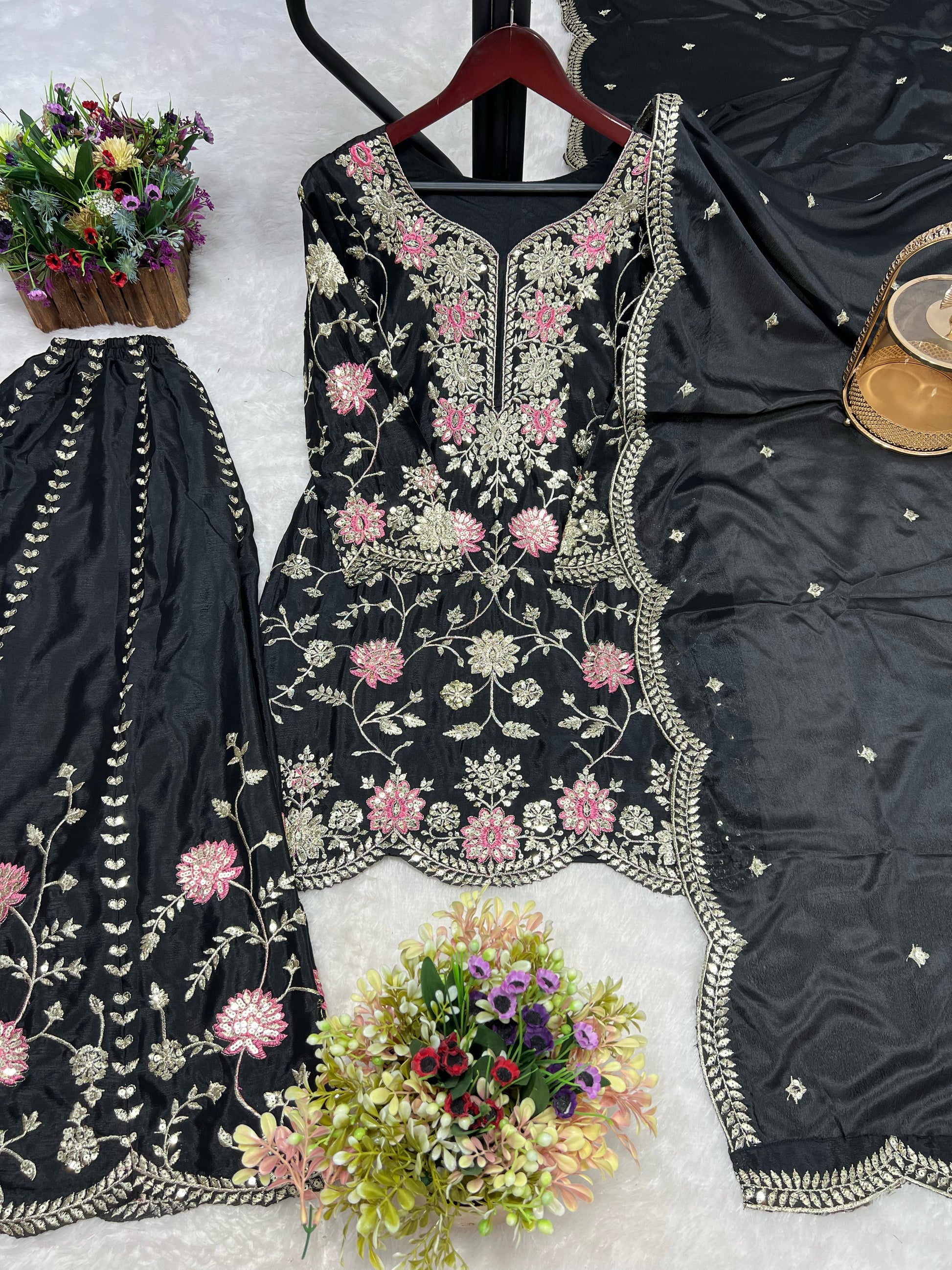 Outstanding Sequence And Thread Work Black Color Sharara Suit