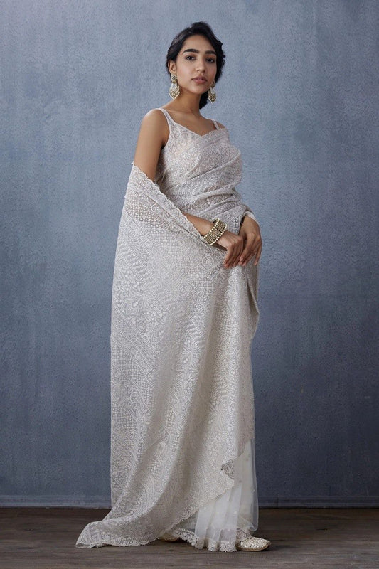 Organza Silk All Over Embroidery Work White Color Saree