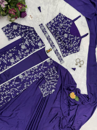 Unique Chinon Silk Blue Color Saree With Koti