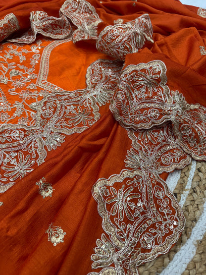 Bollywood Style Heavy Work Orange Color Silk Saree