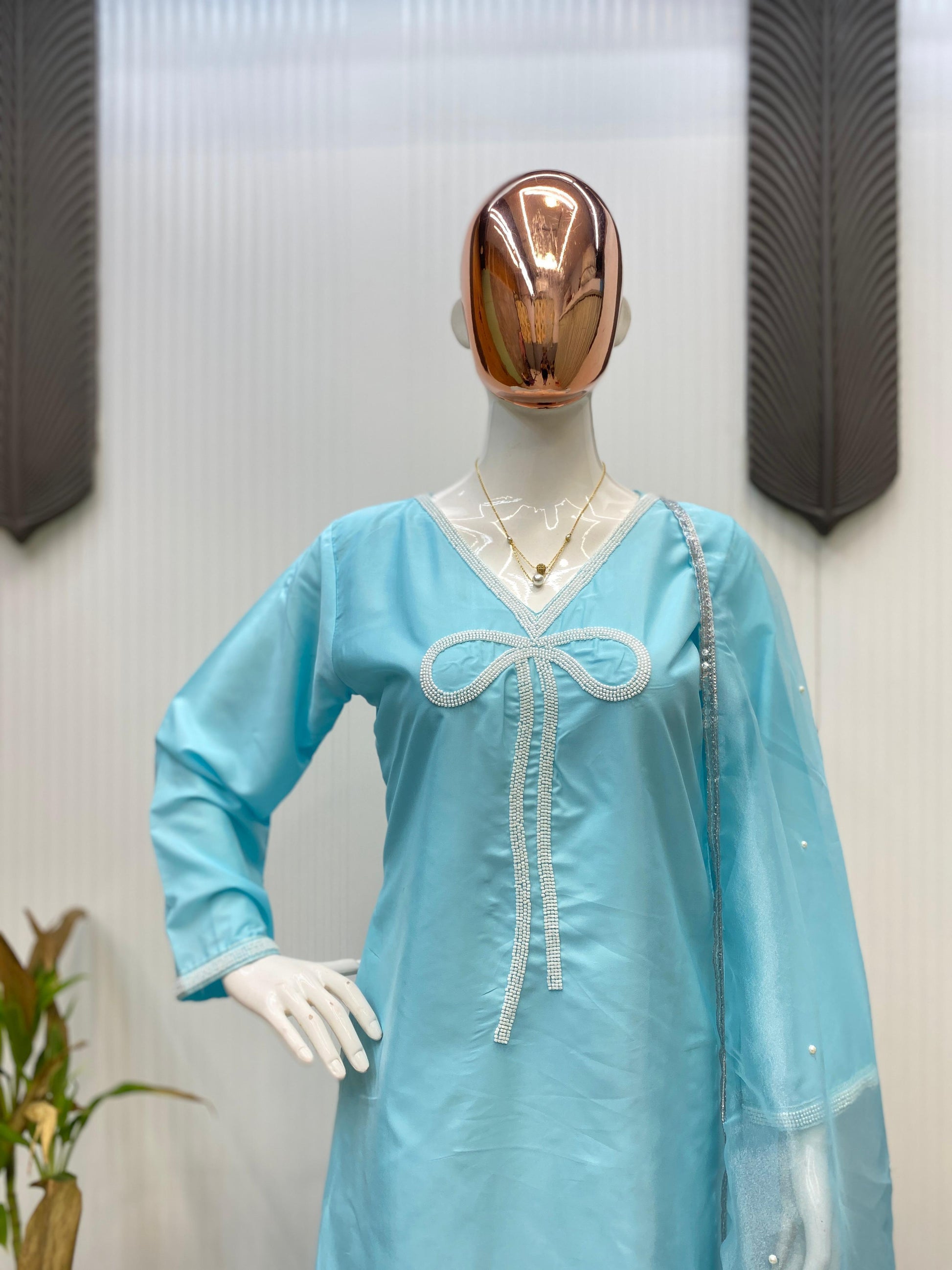 Marvelous Beads Work Sky Blue Color Salwar Suit