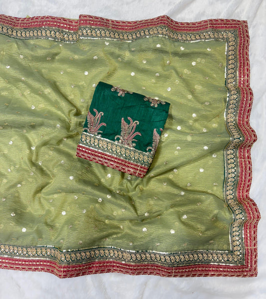 Party Wear Embroidery Work Green Color Designer Saree