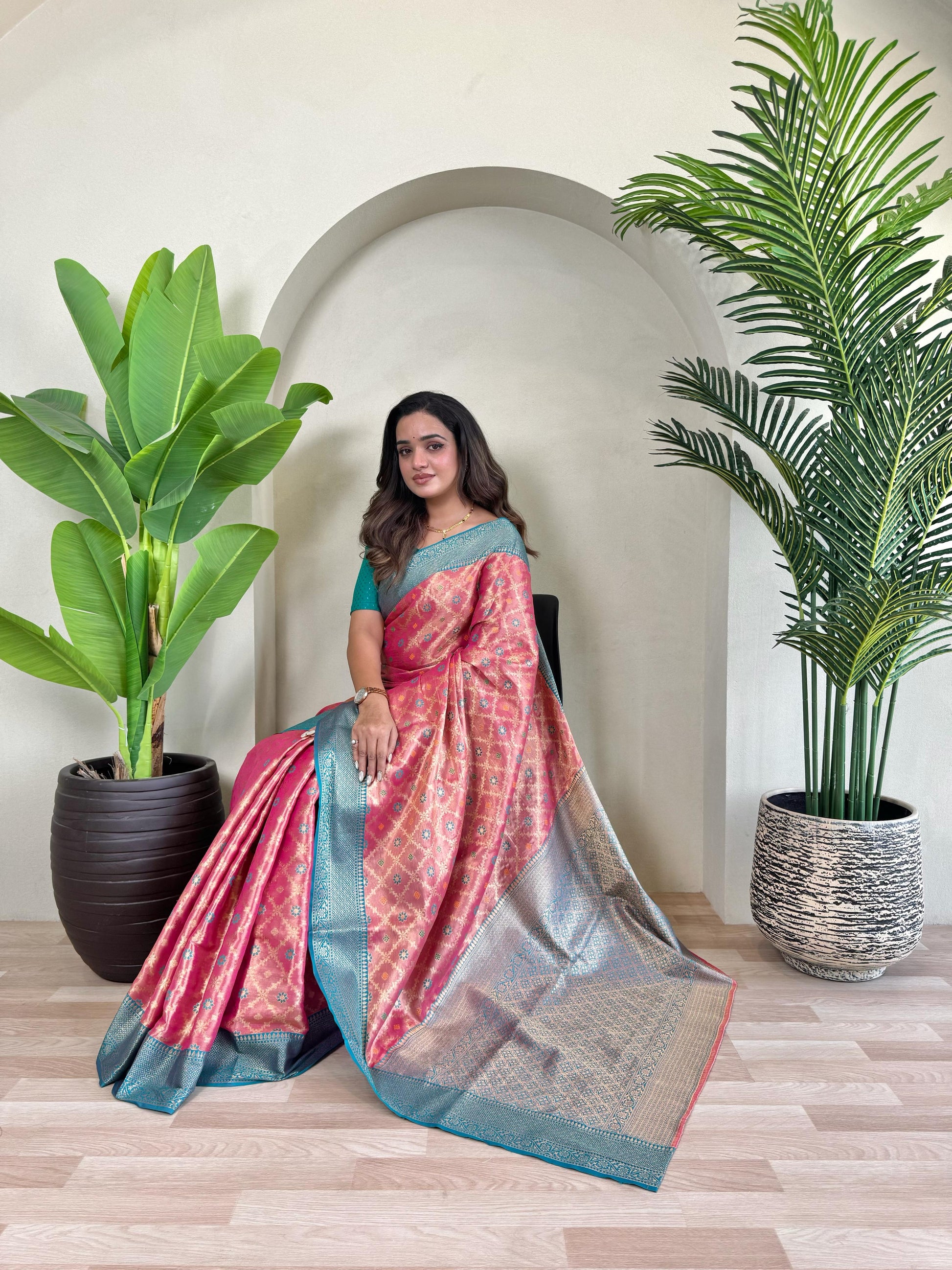 Designer Silk Zari Weaving Pink Color Saree