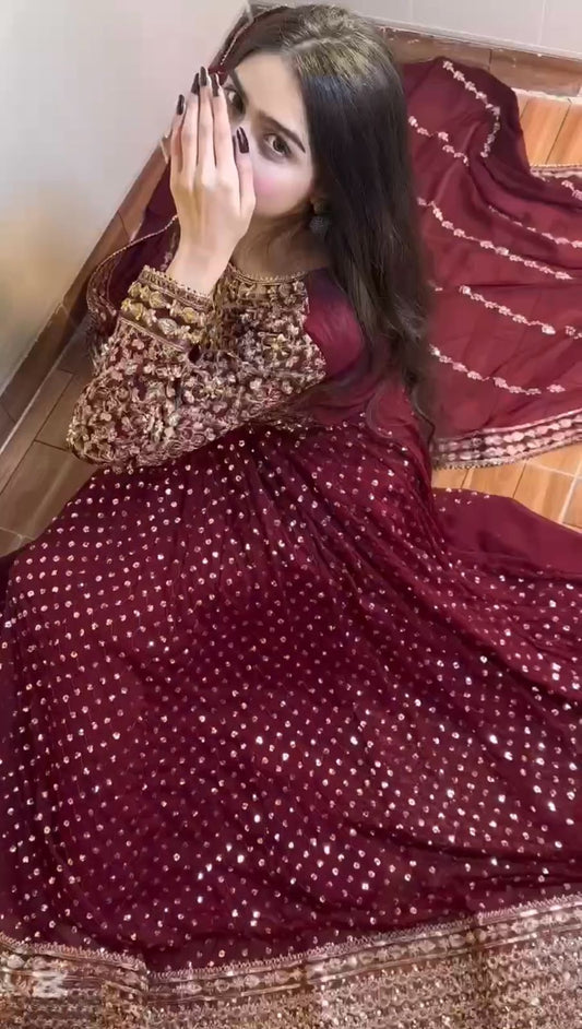 Fabulous Gorgette Maroon Color Gown