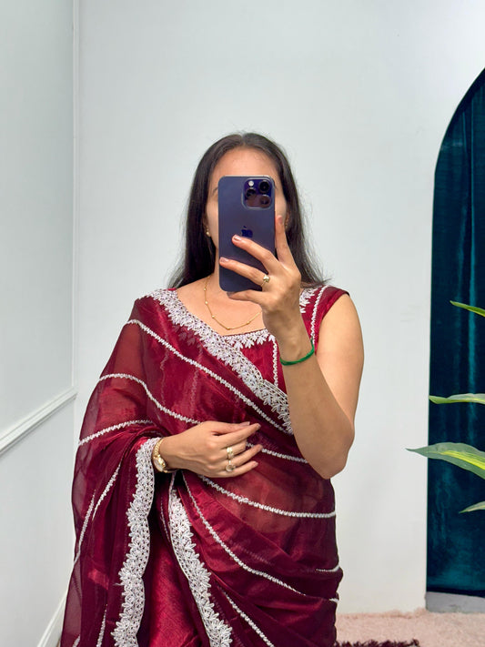 Peaceful Embroidery Zari Work Maroon Color Saree